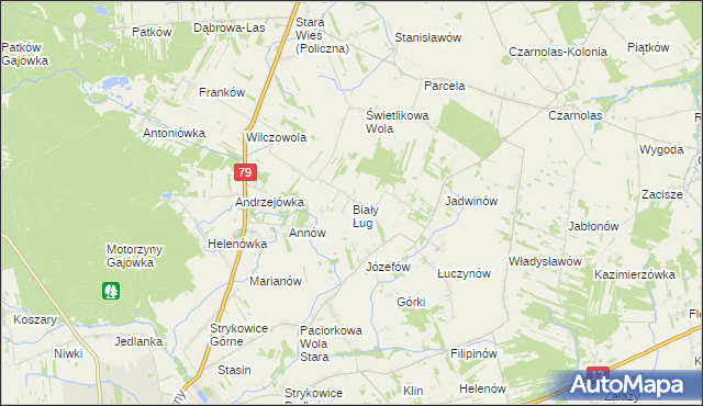 mapa Biały Ług gmina Policzna, Biały Ług gmina Policzna na mapie Targeo