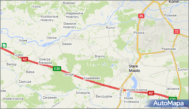 mapa Branno gmina Rzgów, Branno gmina Rzgów na mapie Targeo