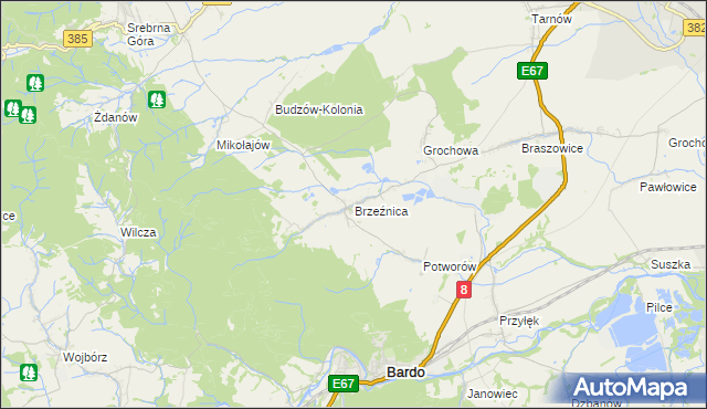 mapa Brzeźnica gmina Bardo, Brzeźnica gmina Bardo na mapie Targeo