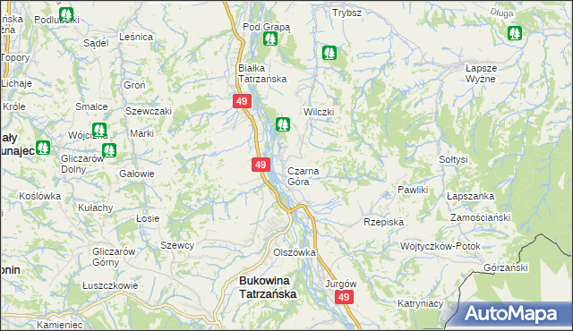 mapa Czarna Góra gmina Bukowina Tatrzańska, Czarna Góra gmina Bukowina Tatrzańska na mapie Targeo