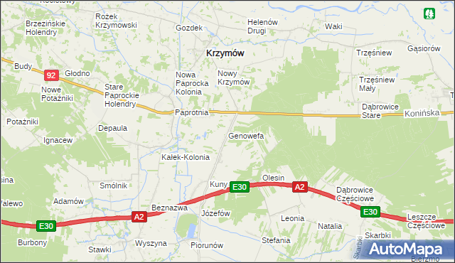 mapa Genowefa gmina Krzymów, Genowefa gmina Krzymów na mapie Targeo