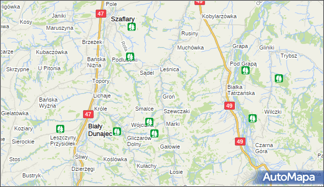 mapa Groń gmina Bukowina Tatrzańska, Groń gmina Bukowina Tatrzańska na mapie Targeo