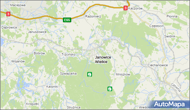 mapa Janowice Wielkie, Janowice Wielkie na mapie Targeo