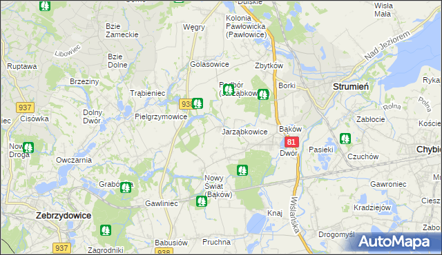 mapa Jarząbkowice gmina Pawłowice, Jarząbkowice gmina Pawłowice na mapie Targeo