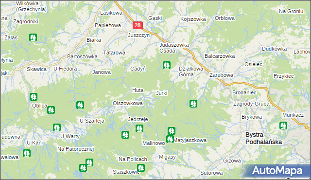 mapa Jurki gmina Maków Podhalański, Jurki gmina Maków Podhalański na mapie Targeo