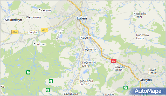 mapa Kościelnik gmina Lubań, Kościelnik gmina Lubań na mapie Targeo