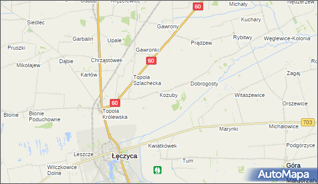 mapa Kozuby gmina Łęczyca, Kozuby gmina Łęczyca na mapie Targeo