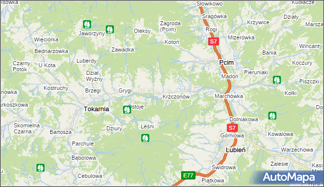 mapa Krzczonów gmina Tokarnia, Krzczonów gmina Tokarnia na mapie Targeo