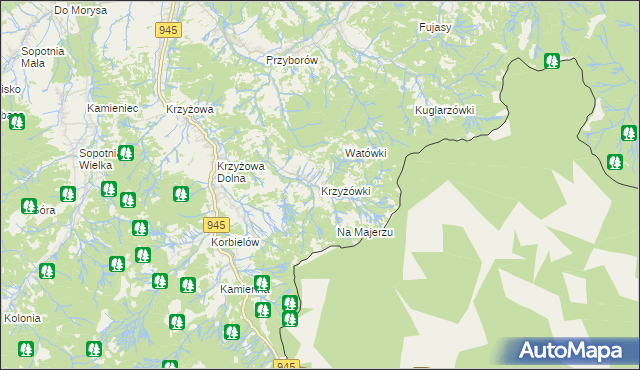 mapa Krzyżówki gmina Jeleśnia, Krzyżówki gmina Jeleśnia na mapie Targeo