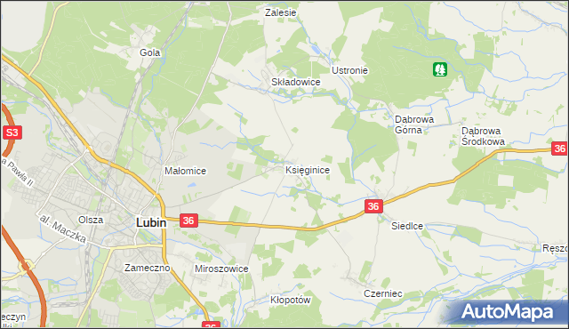 mapa Księginice gmina Lubin, Księginice gmina Lubin na mapie Targeo