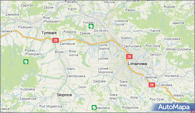 mapa Lipowe gmina Limanowa, Lipowe gmina Limanowa na mapie Targeo