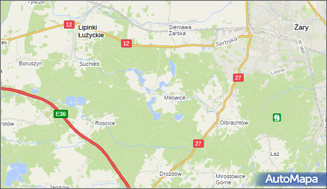 mapa Miłowice gmina Żary, Miłowice gmina Żary na mapie Targeo