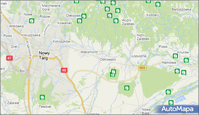 mapa Ostrowsko gmina Nowy Targ, Ostrowsko gmina Nowy Targ na mapie Targeo