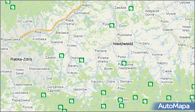 mapa Poręba Wielka gmina Niedźwiedź, Poręba Wielka gmina Niedźwiedź na mapie Targeo