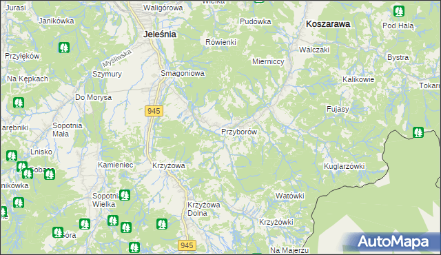 mapa Przyborów gmina Jeleśnia, Przyborów gmina Jeleśnia na mapie Targeo