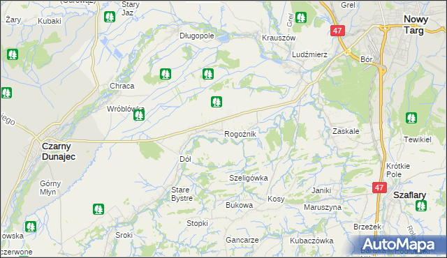 mapa Rogoźnik gmina Nowy Targ, Rogoźnik gmina Nowy Targ na mapie Targeo
