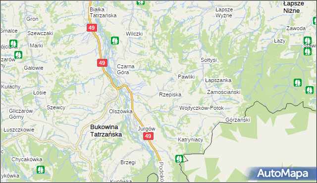 mapa Rzepiska gmina Bukowina Tatrzańska, Rzepiska gmina Bukowina Tatrzańska na mapie Targeo