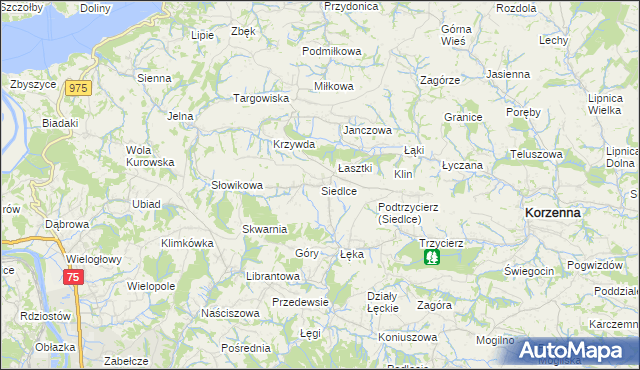 mapa Siedlce gmina Korzenna, Siedlce gmina Korzenna na mapie Targeo