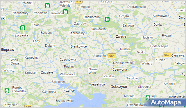 mapa Sieraków gmina Dobczyce, Sieraków gmina Dobczyce na mapie Targeo