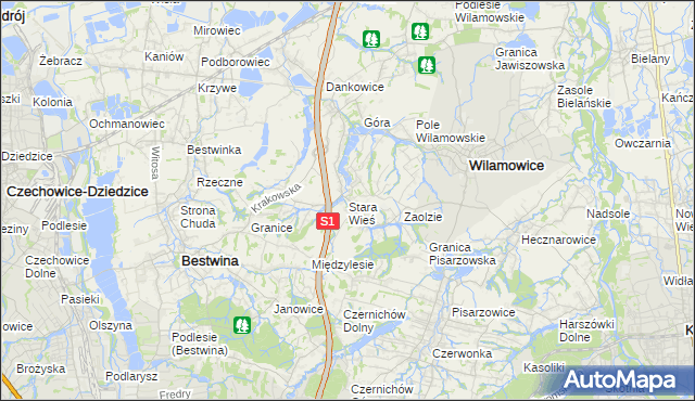 mapa Stara Wieś gmina Wilamowice, Stara Wieś gmina Wilamowice na mapie Targeo