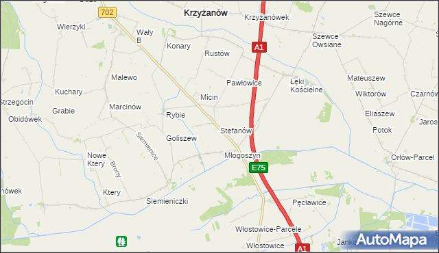 mapa Stefanów gmina Krzyżanów, Stefanów gmina Krzyżanów na mapie Targeo