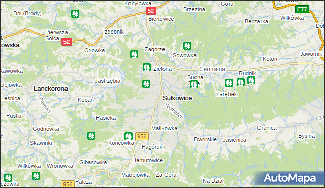 mapa Sułkowice powiat myślenicki, Sułkowice powiat myślenicki na mapie Targeo