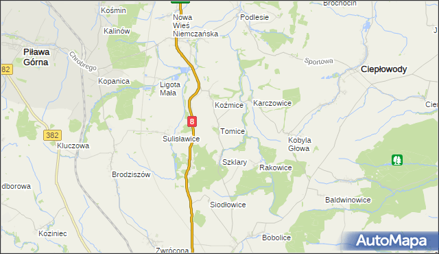 mapa Tomice gmina Ciepłowody, Tomice gmina Ciepłowody na mapie Targeo