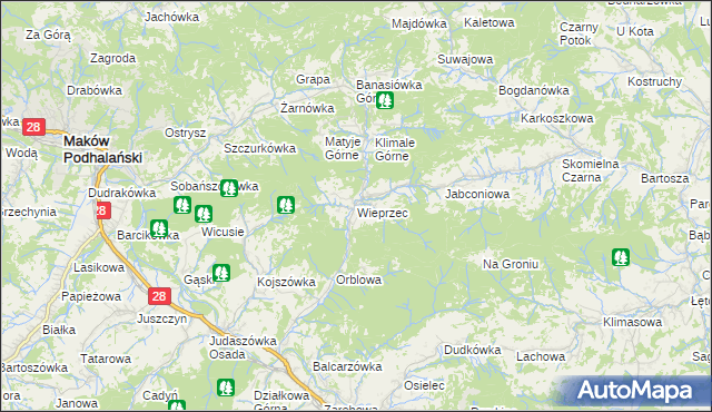 mapa Wieprzec gmina Maków Podhalański, Wieprzec gmina Maków Podhalański na mapie Targeo