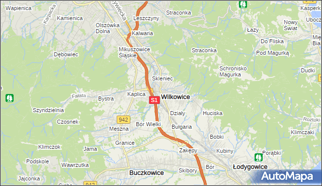 mapa Wilkowice powiat bielski, Wilkowice powiat bielski na mapie Targeo