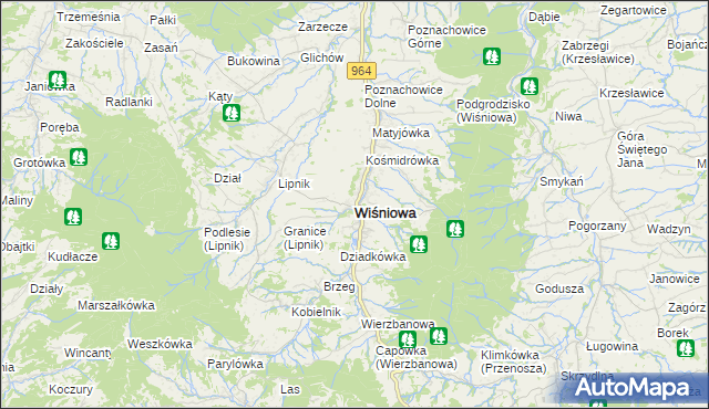 mapa Wiśniowa powiat myślenicki, Wiśniowa powiat myślenicki na mapie Targeo