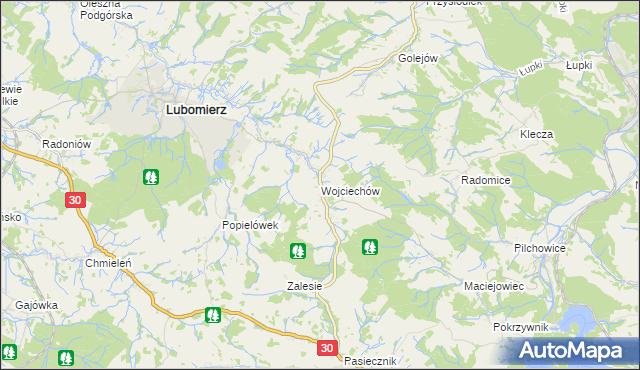 mapa Wojciechów gmina Lubomierz, Wojciechów gmina Lubomierz na mapie Targeo