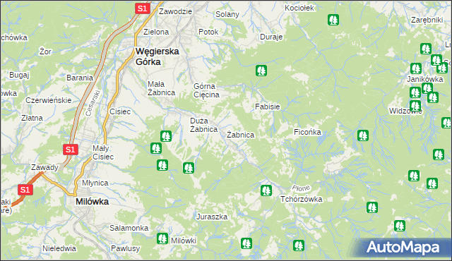 mapa Żabnica gmina Węgierska Górka, Żabnica gmina Węgierska Górka na mapie Targeo
