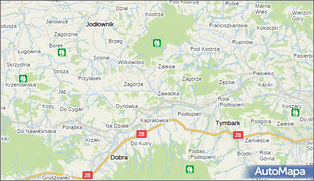 mapa Zawadka gmina Tymbark, Zawadka gmina Tymbark na mapie Targeo