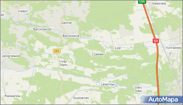 mapa Czasław gmina Otyń, Czasław gmina Otyń na mapie Targeo