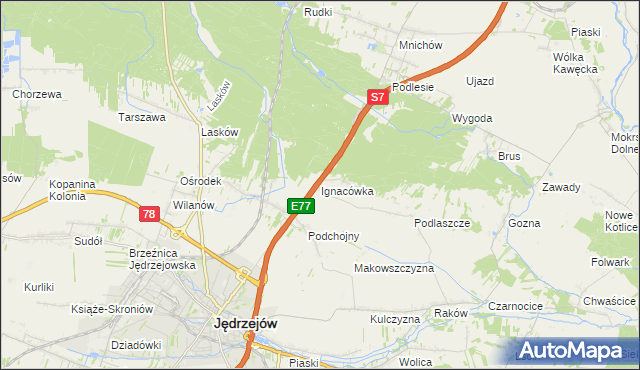 mapa Ignacówka gmina Jędrzejów, Ignacówka gmina Jędrzejów na mapie Targeo