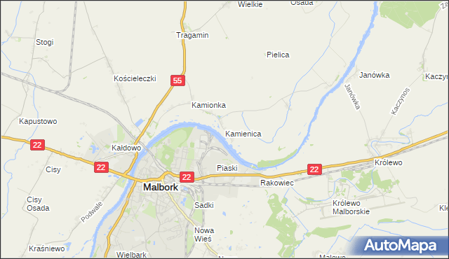 mapa Kamienica gmina Malbork, Kamienica gmina Malbork na mapie Targeo