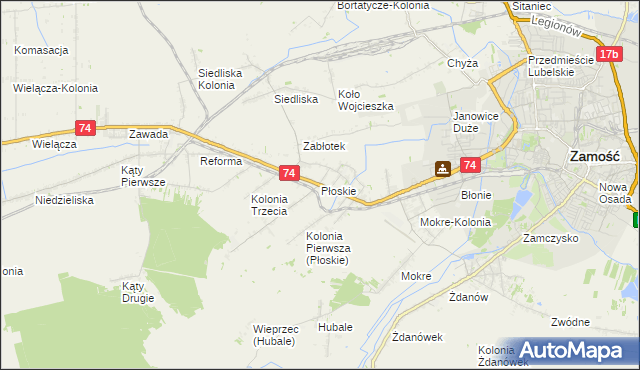 mapa Płoskie gmina Zamość, Płoskie gmina Zamość na mapie Targeo