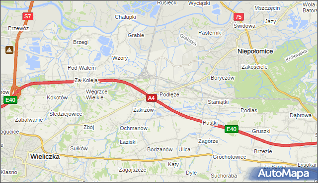 mapa Podłęże gmina Niepołomice, Podłęże gmina Niepołomice na mapie Targeo