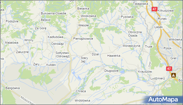 mapa Dział gmina Czarny Dunajec, Dział gmina Czarny Dunajec na mapie Targeo