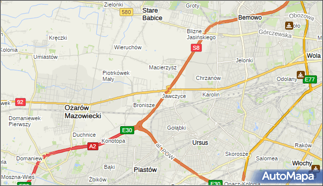 mapa Jawczyce gmina Ożarów Mazowiecki, Jawczyce gmina Ożarów Mazowiecki na mapie Targeo