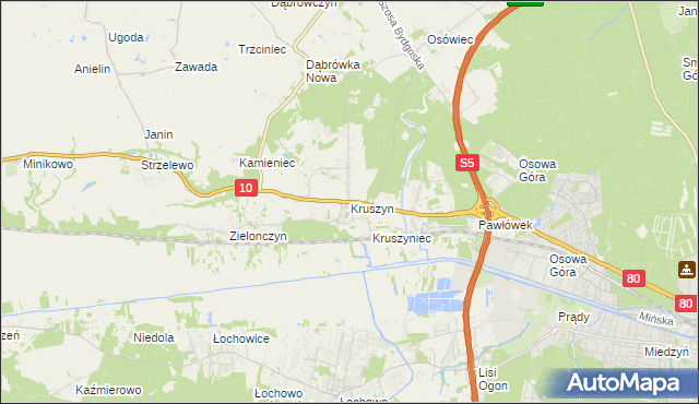 mapa Kruszyn gmina Sicienko, Kruszyn gmina Sicienko na mapie Targeo