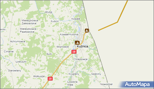 mapa Kuźnica powiat sokólski, Kuźnica powiat sokólski na mapie Targeo