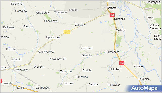 mapa Łabędzie gmina Warta, Łabędzie gmina Warta na mapie Targeo