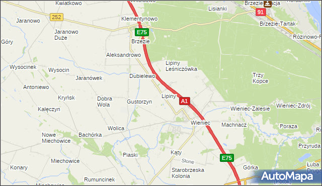 mapa Lipiny gmina Brześć Kujawski, Lipiny gmina Brześć Kujawski na mapie Targeo