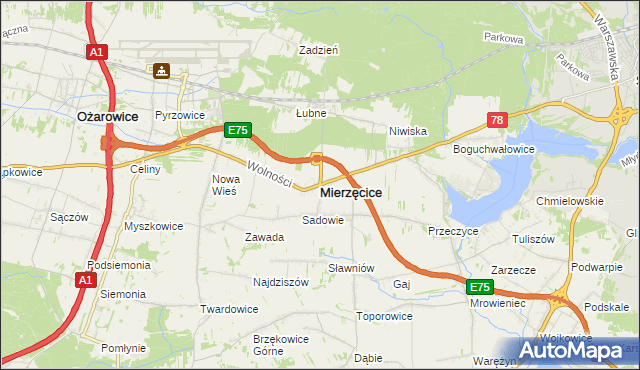 mapa Mierzęcice, Mierzęcice na mapie Targeo