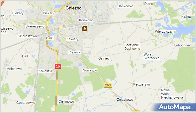 mapa Osiniec gmina Gniezno, Osiniec gmina Gniezno na mapie Targeo