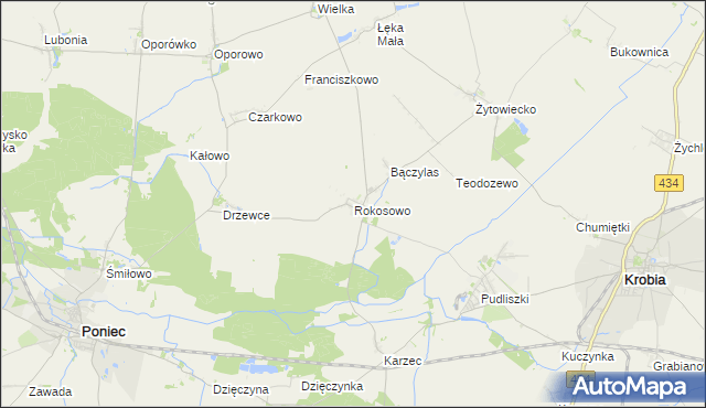 mapa Rokosowo gmina Poniec, Rokosowo gmina Poniec na mapie Targeo