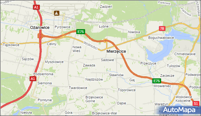 mapa Sadowie gmina Mierzęcice, Sadowie gmina Mierzęcice na mapie Targeo