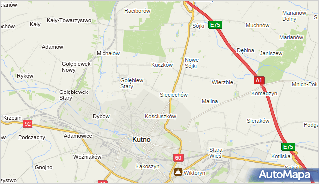 mapa Sieciechów gmina Kutno, Sieciechów gmina Kutno na mapie Targeo