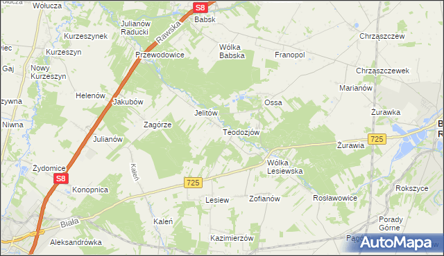 mapa Teodozjów gmina Biała Rawska, Teodozjów gmina Biała Rawska na mapie Targeo